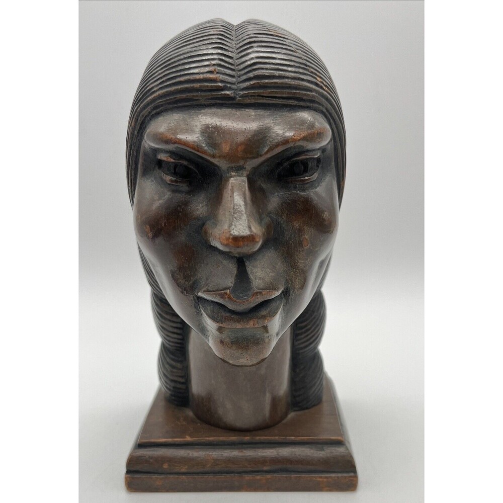 Rare Native American Man Bust Wood Carving Wood Sculpture Ethnic Art 6”
